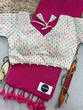 Pink Handloom Cotton Saree With Embrodery Work Redy Made Blouse
